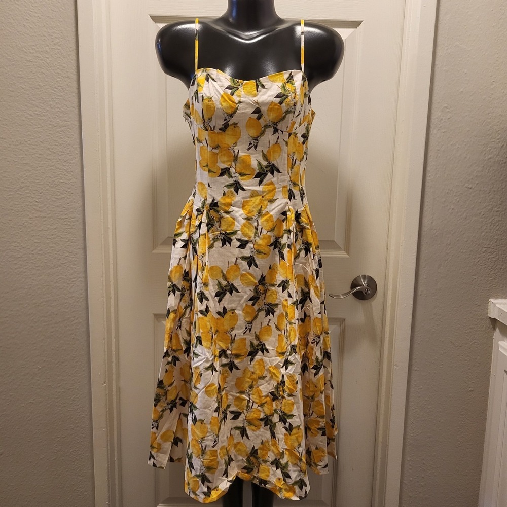 Cider Cotton Lemon Lace Up Pleated Cami‎ Midi Dress Size Medium-Brand New!